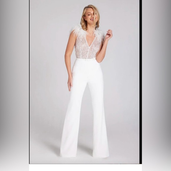 NADINE MERABI Pants - NADINE MERABI ELISSA White Feathered Jumpsuit S/M
